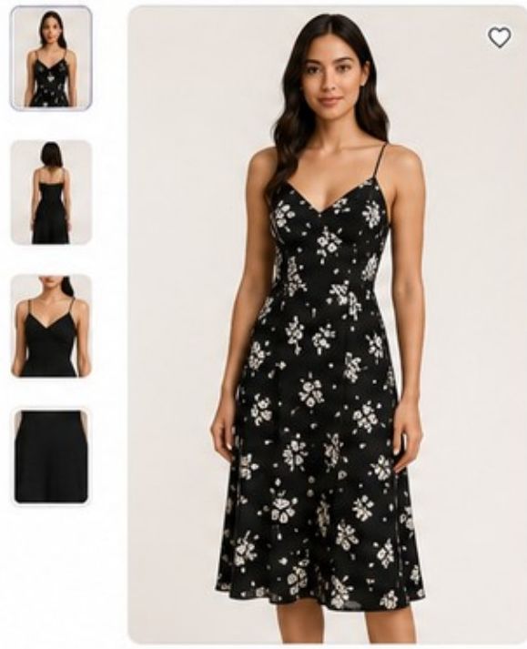 StyleBuddy virtual try-on widget on a fashion product page, showing a dress rendered on a model with alternate views