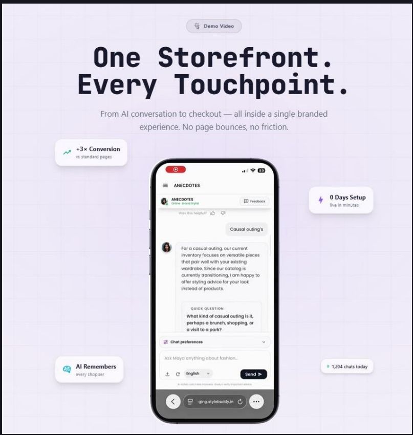 StyleBuddy agentic storefront with AI stylist chat guiding a shopper from conversation to checkout