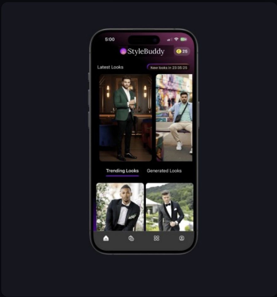 StyleBuddy shopper app showing latest looks, trending looks, and AI-generated outfits